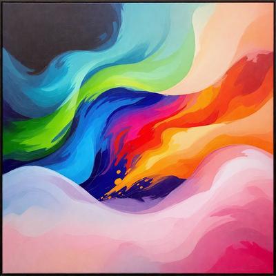 The primary subject of the image is a painting featuring a colorful, abstract design. The painting is displayed on a wall, and the colors and mood suggest a vibrant and lively atmosphere. The visual style of the painting is a mix of digital art and illustration, creating a unique and eye-catching piece of art.